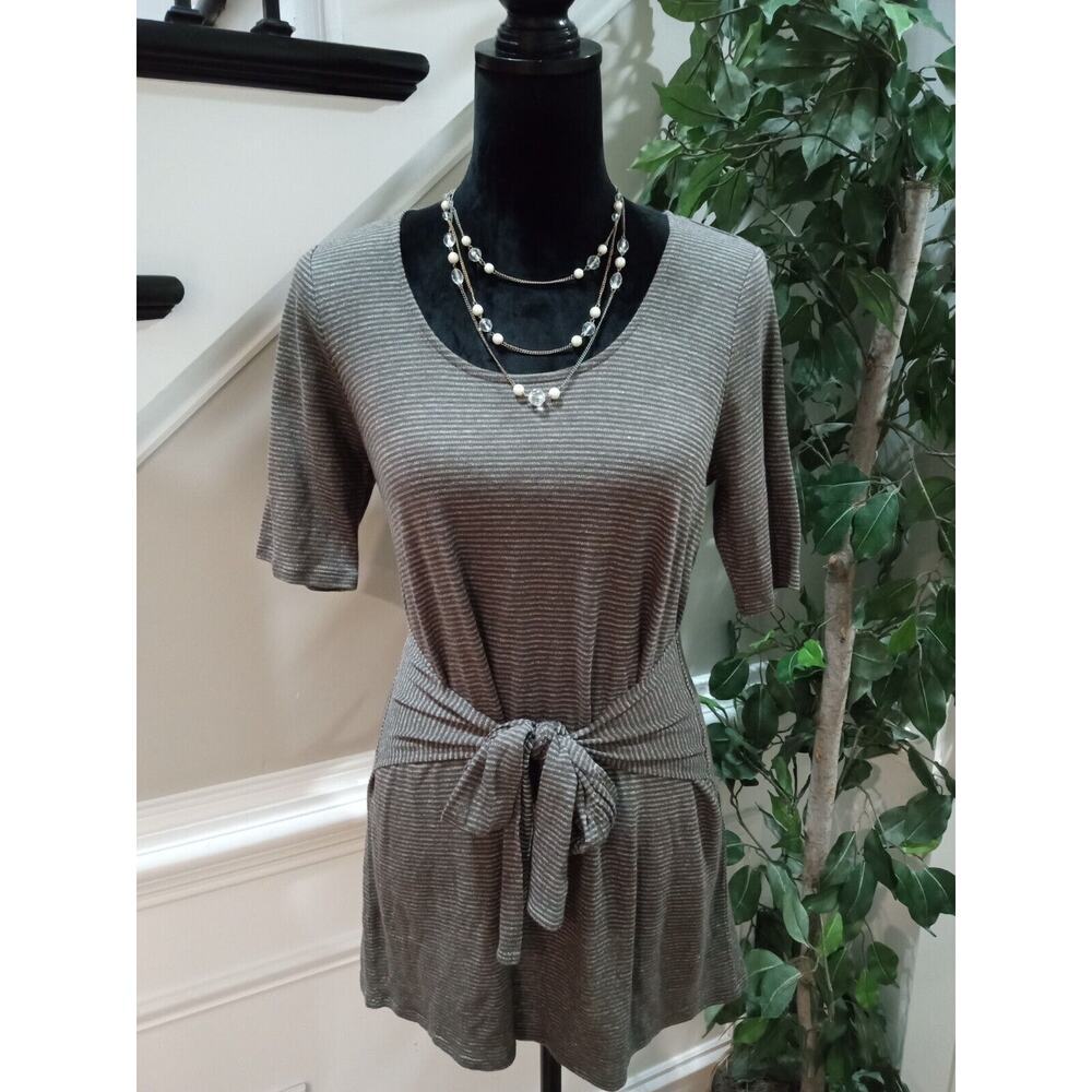 Pure Jill Women's Gray Striped Waist Tie Round Neck Short Sleeve Top Blouse S